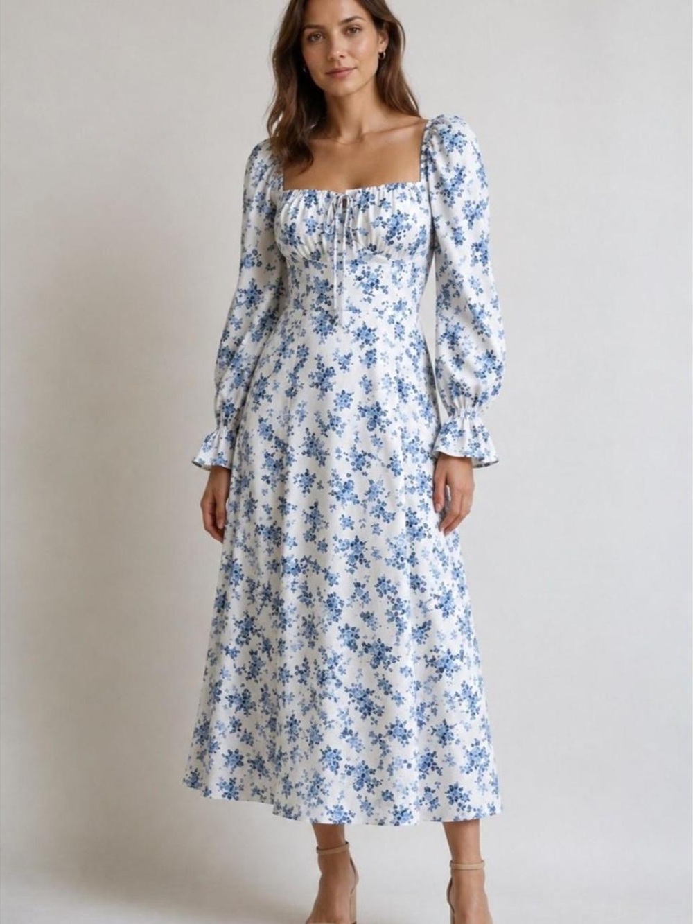 SHEIN White & Blue Floral Long Sleeve Midi Dress